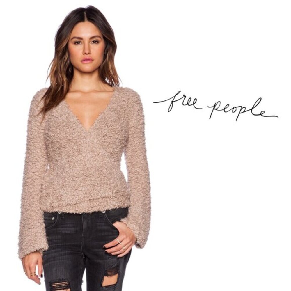Free People Medium Anthropologie V Neck Sweater Top Marshmallow Surplice Taupe